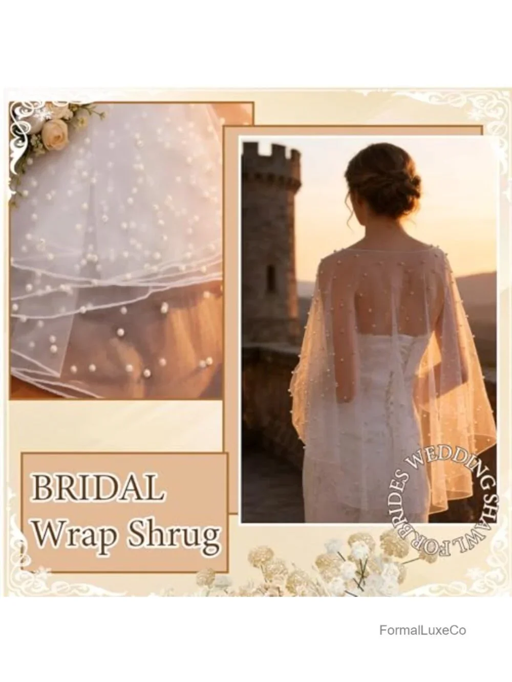 Pearl Shawl Wrap Shrug Satin Edge Cape Tulle Sheer Bridal Bride Scarf Dress